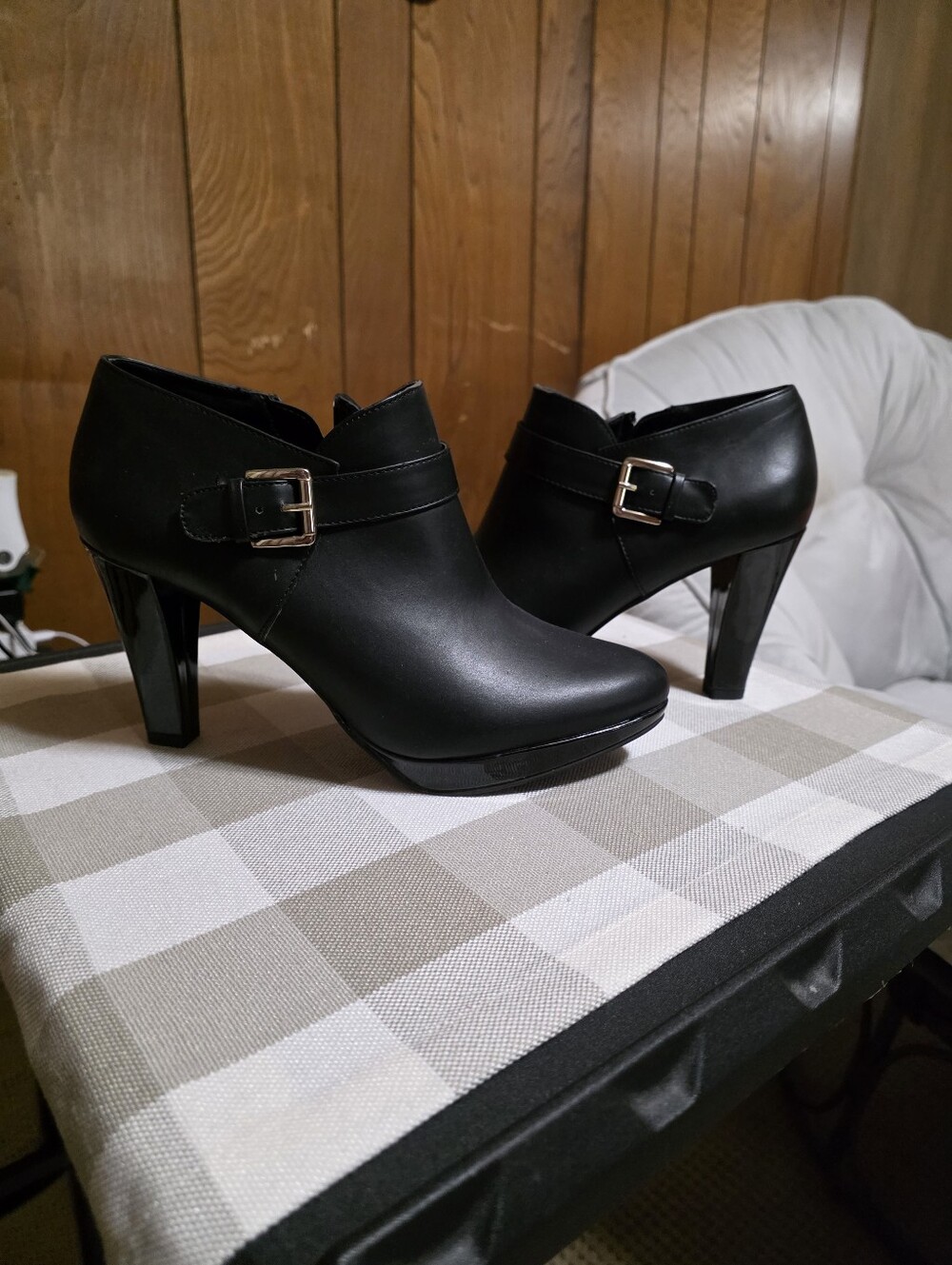 East 5th Black Faux-Leather Buckle Ankle Heels